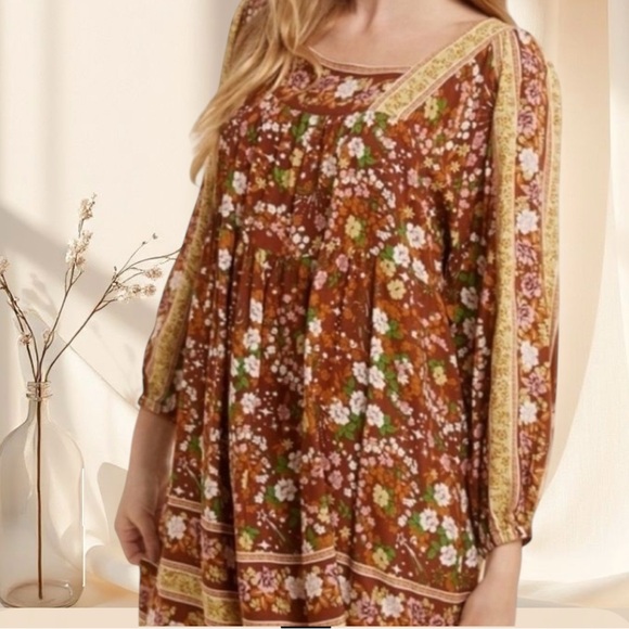 Brown Rust Orange Brown Floral Print Smocked Babydoll Mini Dress - Picture 5 of 8